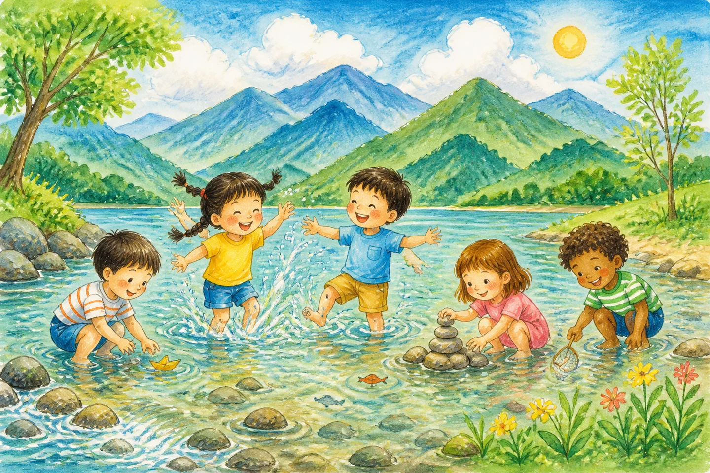 Welcome to Lunaria B&B－孩童在山水間嬉戲的水彩畫
